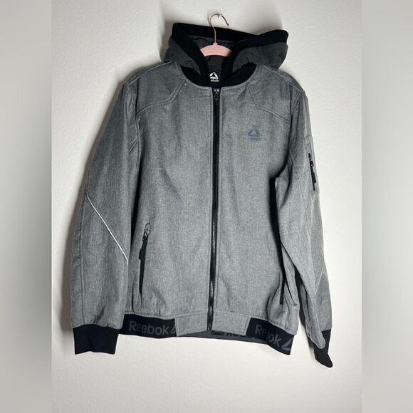 Reebok Softshell Athletic Jacket Full zip Hooded Gray Black Size L Fleece Lined - Picture 2 of 13